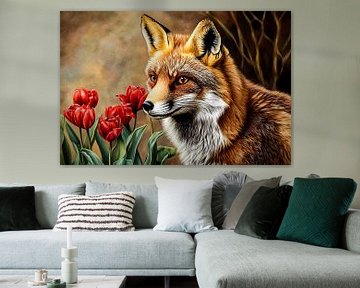 Vos en rode tulpen schilderij van Imperial Art House