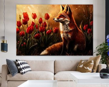 Vos en tulpen in avondlicht van Imperial Art House
