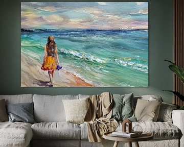 ai gegenereerd schilderij van een meisje dat naar het strand loopt