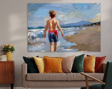 ai gegenereerd schilderij van een jongen die naar het strand loopt
