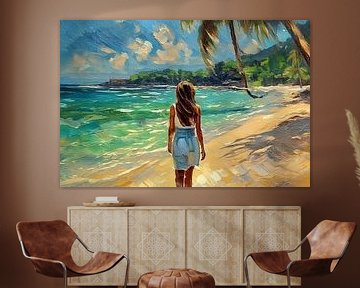 ai gegenereerd schilderij van een meisje dat naar het strand loopt