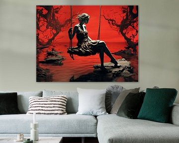 vrouw kleur rood meer schommel surrealistisch water eenzaamheid passie van gm_designs