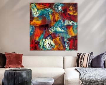 Abstract olieverf schilderij, blauw, geel, rood, oranje en groen van BowiScapes abstract en digitale kunst