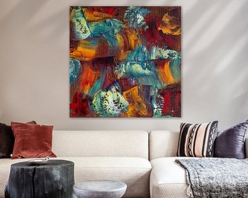 Abstract olieverf schilderij, blauw, geel, rood, oranje en groen van BowiScapes abstract en digitale kunst