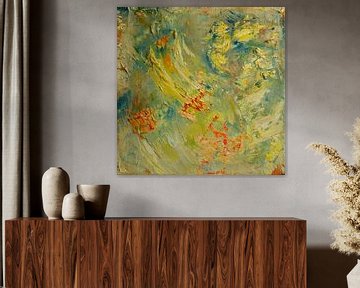 Abstract olieverf schilderij,  blauw, geel, groen, oranje en rood