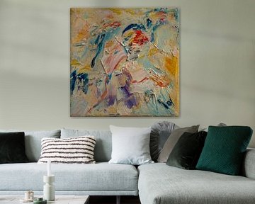 Abstraktes Ölgemälde, blau, gelb, rot, lila, weiß und rosa von Joriali Abstrakte Kunst