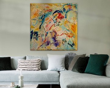 Abstract olieverf schilderij, blauw, geel, rood, paars, wit en roze van Joriali Abstract