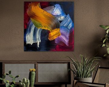 Abstract olieverf schilderij, geel, blauw, wit, paars, donkerrood en zwart van BowiScapes abstract en digitale kunst