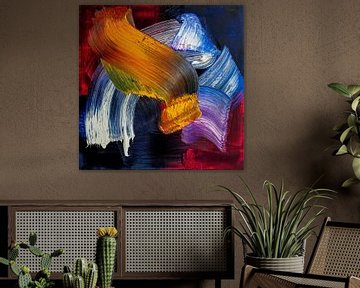 Abstract olieverf schilderij, geel, blauw, wit, paars, donkerrood en zwart van BowiScapes abstract en digitale kunst