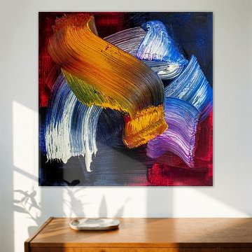 Abstract oil painting, yellow, blue, white, purple, dark red and black