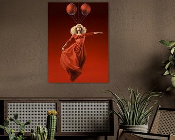 woman floating red surreal balloons elegance art dream by gm_designs