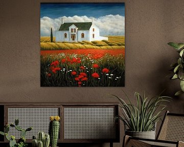 Country house poppies field landscape romance summer