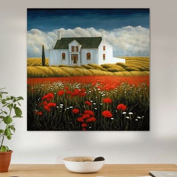 Country house poppies field landscape romance summer