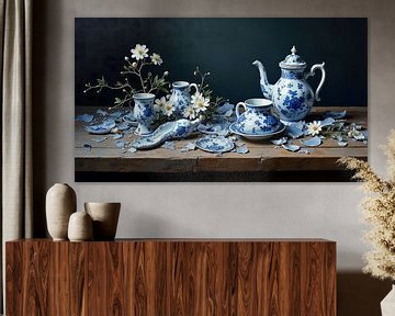 Stillleven Gebroken Delfts Blauw met Anemoon Bloemen van Hai Maivory