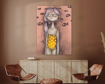 Girl in a yellow & white polka dot bathing suit van Lotte Teussink
