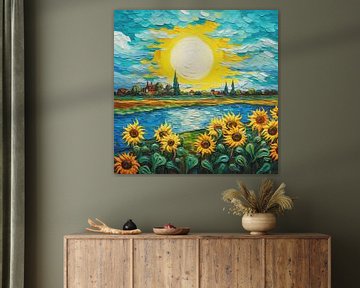 Zon Zonnebloemen Dorp Water Lucht Landschap van gm_designs