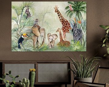 Jungle dieren olifant, giraffe, aap, zebra en vogels van Geertje Burgers