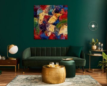 Abstract olieverf schilderij, Rood, geel, blauw, groen, paars, beige van BowiScapes abstract en digitale kunst