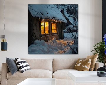Winter sneeuw hut bos schemering raam gezelligheid van gm_designs