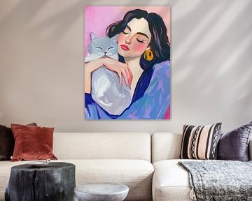 Gouache Frau mit Katze