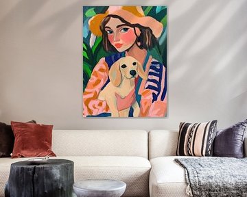 Gouache woman with puppy