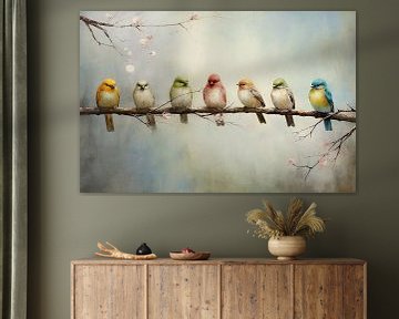 Kleurrijke vogels op een tak van Brigitta Meijer