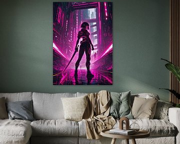 Vrouwelijke Cyberpunk Krijger met Neon Stadsgezicht Cyberpunk van MIROKKU