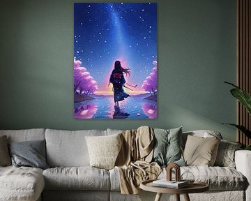 Vrouwelijke Geisha onder Nightsky in een vijver en kersenbloesem van MIROKKU