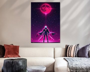 Mannelijke Anime krijger met dubbele zwaarden kijkt op naar Neon Moon van MIROKKU