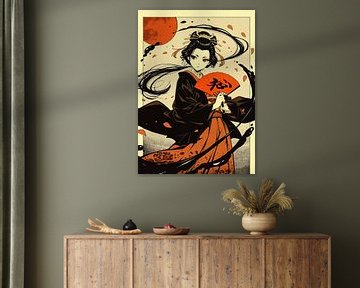 Japanese Geisha holding Fan under Blood Moon by MIROKKU