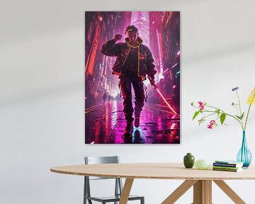 Mannelijke Cyberpunk Krijger met Neon Zwaard en Cyberpunk Stadslandschap van MIROKKU