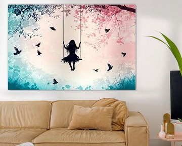 Meisje op schommel met vogels van Art & Soul Creations
