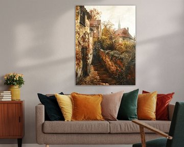 Old masters city alley brick walls church autumn cobblestone
