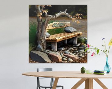 houten bank stenen natuur surrealistisch boom herfst kunst rust