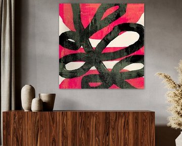 Zwarte bloemvormen op wit en rood. Modern kleurrijk abstract. van Dina Dankers