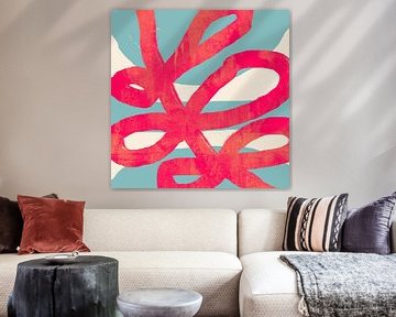 Rode bloemvormen op wit en lichtblauw. Modern kleurrijk abstract. van Dina Dankers