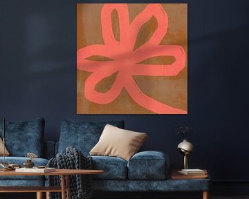 Neonorangefarbene Blume auf dunklem Ockergelb. Bunte botanische Kunst. von Dina Dankers