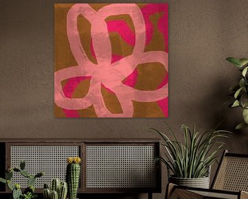 Roze bloem op oker en neonroze. Kleurrijke abstracte kunst. van Dina Dankers