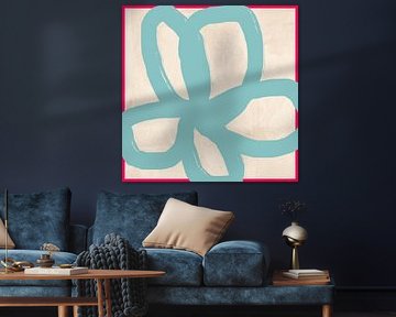 Light blue flowers on white and neon pink. Modern colorful abstract. by Dina Dankers