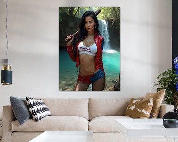 Harley Quinn cosplay te midden van een idyllische natuurlijke achtergrond van Aibella Vargas