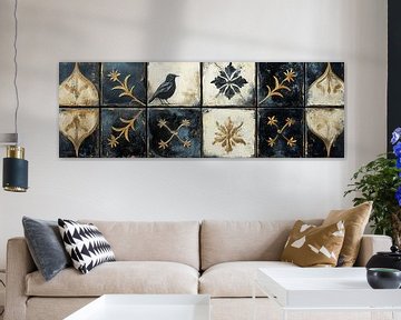 Luxe zwarte en gouden tegels met vogelmotieven panorama van Digitale Schilderijen