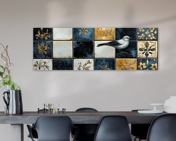 Tegels met zwarte vogels en gouden bloemen panorama van Digitale Schilderijen