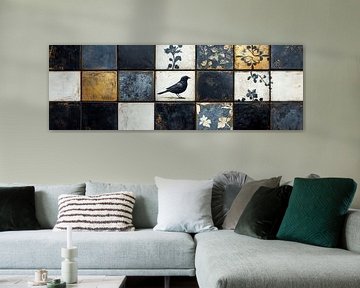 Zwart en goud tegels met elegant vogelontwerp panorama van Digitale Schilderijen