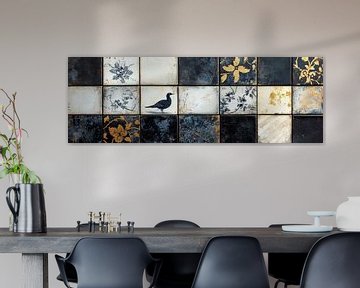 Zwart en goud tegelkunst met vogelmotief panorama van Digitale Schilderijen