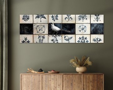 Vogel in blauw-witte tegels met bloemen delfts blauw panorama van Digitale Schilderijen