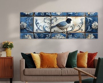Blauwe en witte tegels met vogel en bloem ontwerp delfts blauw panorama van Digitale Schilderijen