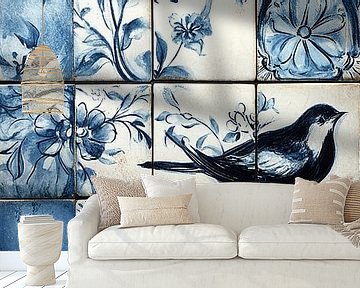 Blauw-witte tegelkunst met bloemen en vogelmotieven delfts blauw panorama van Digitale Schilderijen