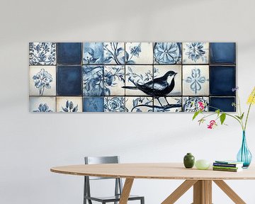 Blauw-witte tegelkunst met bloemen en vogelmotieven delfts blauw panorama van Digitale Schilderijen