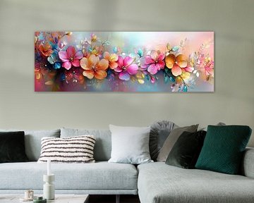 Bloemenexplosie in levendige kleuren en penseelstructuur panorama van Digitale Schilderijen