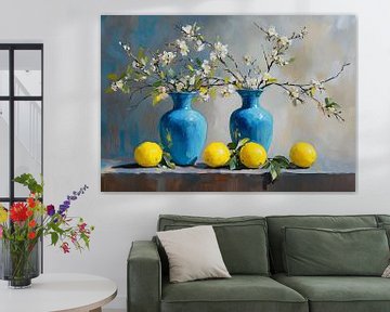 Nature morte Vases bleus avec citrons sur Danny van Eldik - Perfect Pixel Design